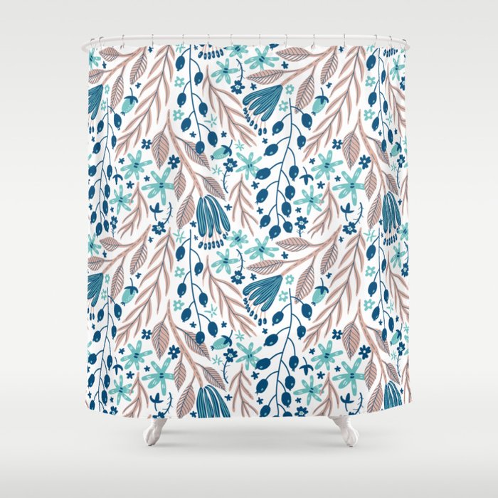 Botanical Illustration Pattern Blue & Pink Shower Curtain