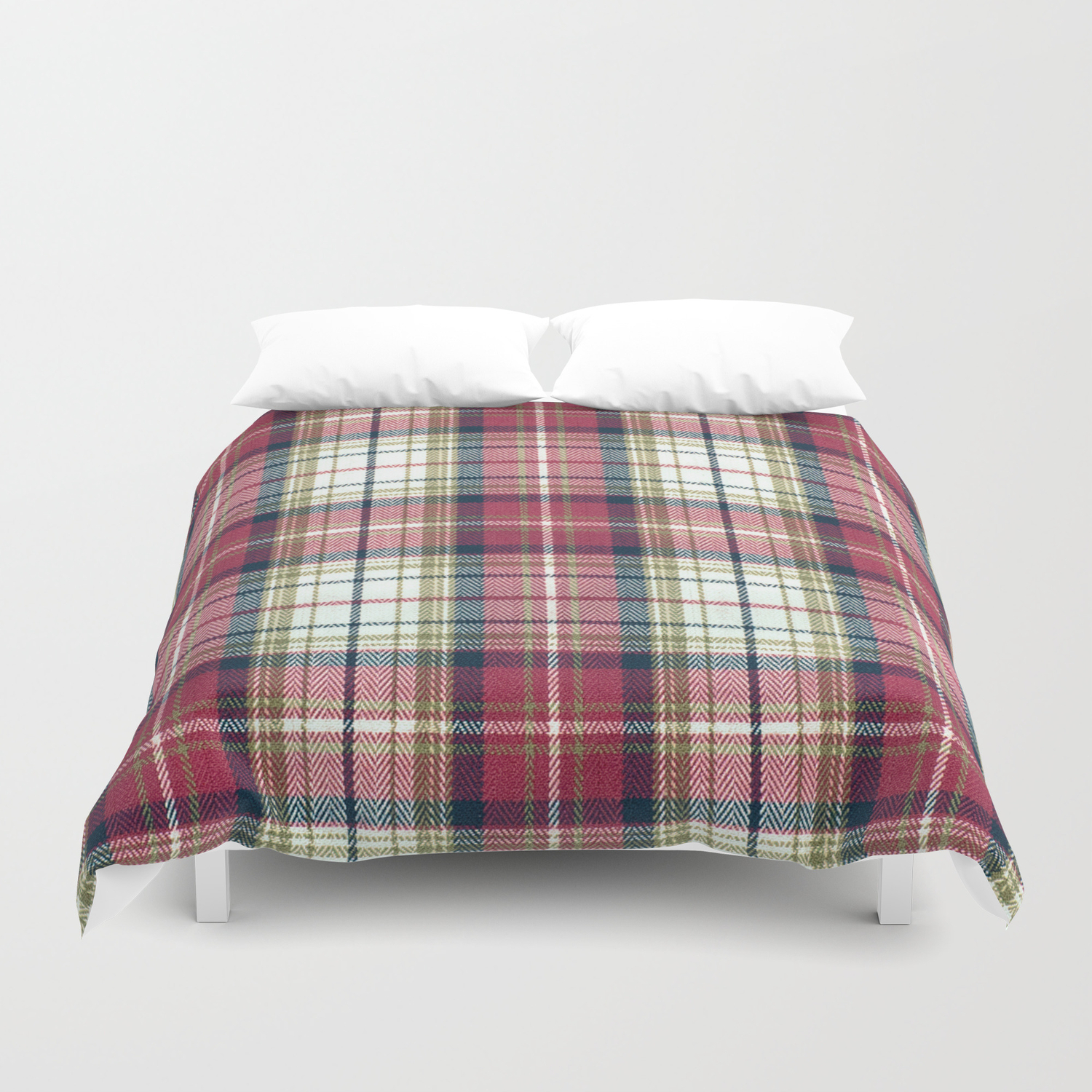 Plaid Fabic Print In Red White Tan And Navy Duvet Cover By