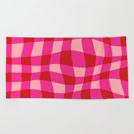 Warped Checkered Gingham Pattern (pink/red) Beach Towel