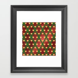 Gold Hearts on a Red Shiny Background with Green Crisscross Lines  Framed Art Print