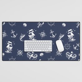 Navy Blue And White Silhouettes Of Vintage Nautical Pattern Desk Mat