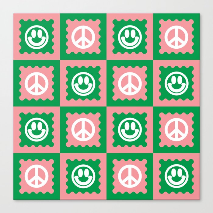 Funky Checkered Smileys and Peace Symbol Pattern (Pink, Green, White) Canvas Print