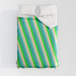 [ Thumbnail: Turquoise, Light Sea Green, Lime & Bisque Colored Stripes/Lines Pattern Duvet Cover ]