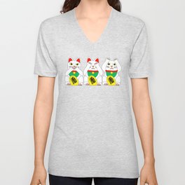 Three Wise Lucky Cats on Red V Neck T Shirt