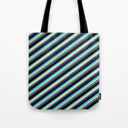 [ Thumbnail: Eyecatching Turquoise, Pale Goldenrod, Dim Gray, Midnight Blue, and Black Colored Striped Pattern Tote Bag ]