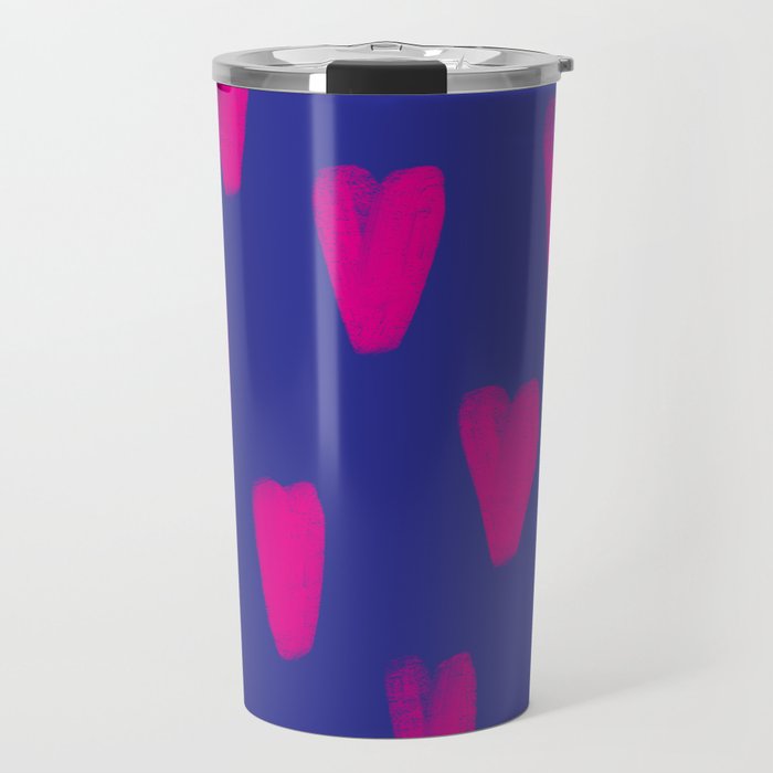 Neon Pink Hearts Hand-Painted over Retro Blue Travel Mug