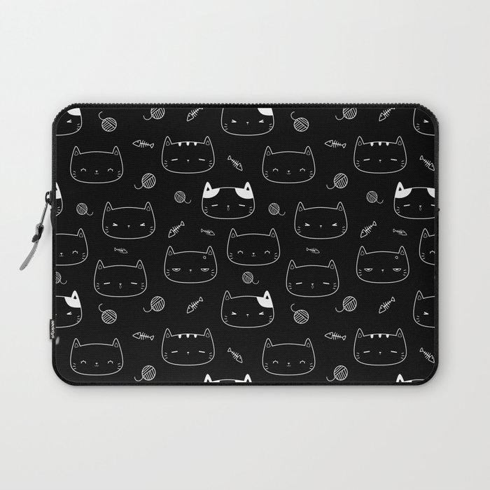 Black and White Doodle Kitten Faces Pattern Laptop Sleeve