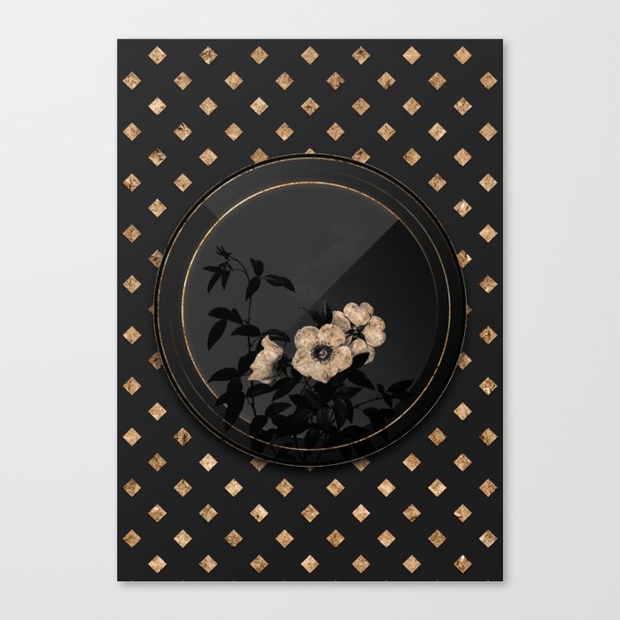 Shadowy Black White Rose of Snow Botanical Art with Gold Art Deco Canvas Print