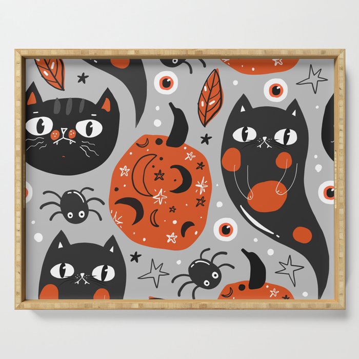 Halloween Seamless Pattern with Cute Pumpkins and Black Cats 01 Serving Tray