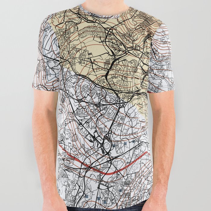 Lisbon - Portugal - Map Drawing All Over Graphic Tee