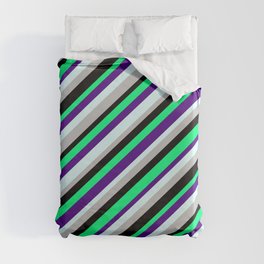 [ Thumbnail: Green, Indigo, Light Cyan, Grey, and Black Colored Lines Pattern Duvet Cover ]