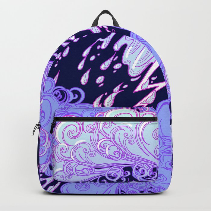 Seamless pattern. Retro style curly decorative clouds with rain drops and lightning. Vintage illustration Backpack