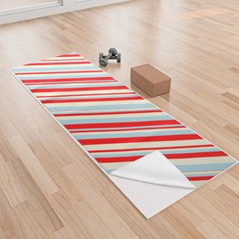 [ Thumbnail: Light Blue, Red, and Beige Colored Lines/Stripes Pattern Yoga Towel ]