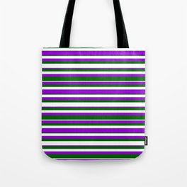 [ Thumbnail: Dark Green, White & Dark Violet Colored Lined Pattern Tote Bag ]