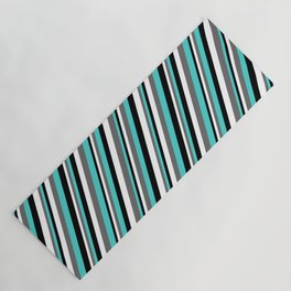 [ Thumbnail: White, Dim Gray, Turquoise, and Black Colored Lined Pattern Yoga Mat ]