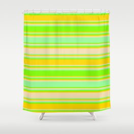 [ Thumbnail: Green, Chartreuse, Yellow & Tan Colored Stripes/Lines Pattern Shower Curtain ]