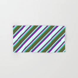 [ Thumbnail: Turquoise, Dark Olive Green, Dark Violet & Light Cyan Colored Striped/Lined Pattern Hand & Bath Towel ]