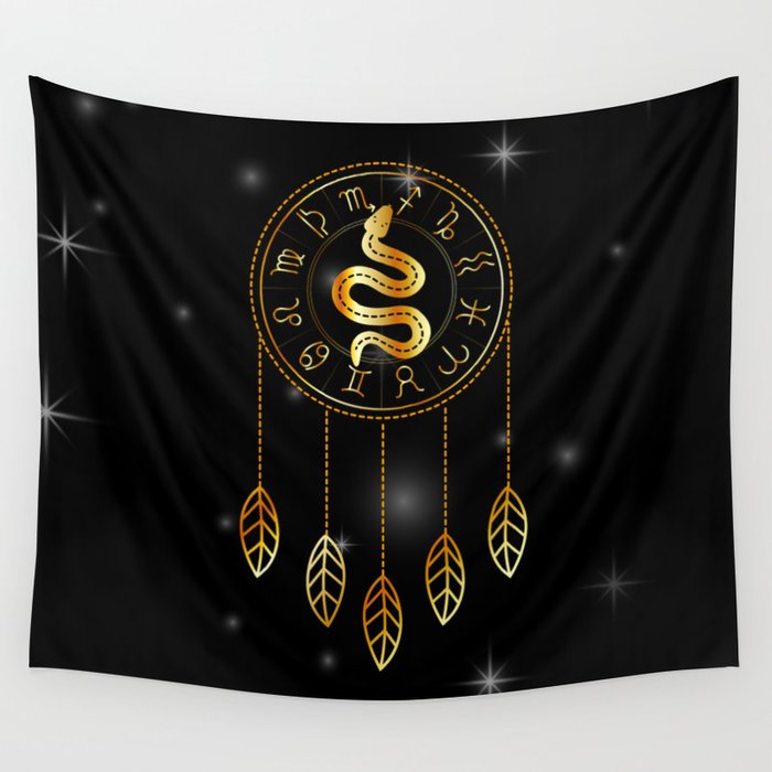 Dreamcatcher Zodiac symbols astrology horoscope signs with mystic snake in gold Wall Tapestry