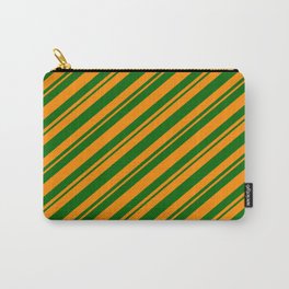 [ Thumbnail: Dark Orange and Dark Green Colored Striped/Lined Pattern Carry-All Pouch ]