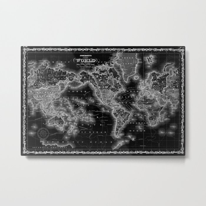 Black and White World Map (1860) Inverse Metal Print
