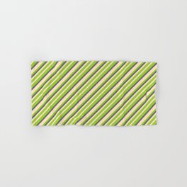 [ Thumbnail: Bisque, Green & Dim Gray Colored Pattern of Stripes Hand & Bath Towel ]