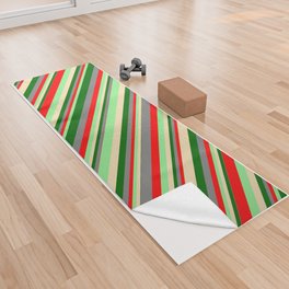 [ Thumbnail: Eyecatching Light Green, Red, Gray, Dark Green, and Tan Colored Lined/Striped Pattern Yoga Towel ]