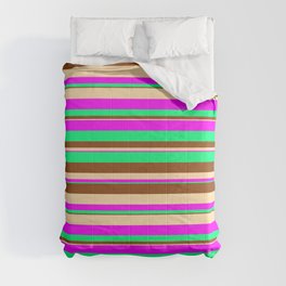 [ Thumbnail: Tan, Fuchsia, Green & Brown Colored Striped Pattern Comforter ]
