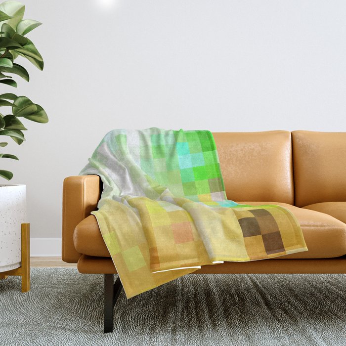 geometric pixel square pattern abstract background in green yellow brown Throw Blanket