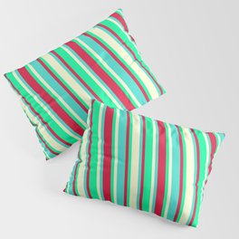 [ Thumbnail: Crimson, Turquoise, Light Yellow & Green Colored Stripes/Lines Pattern Pillow Sham ]