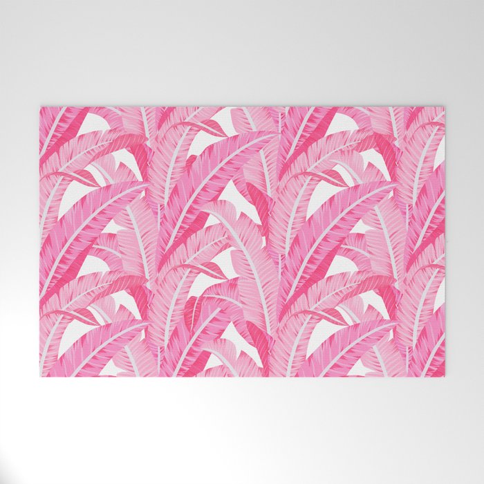 Pink banana leaves tropical pattern on white Welcome Mat