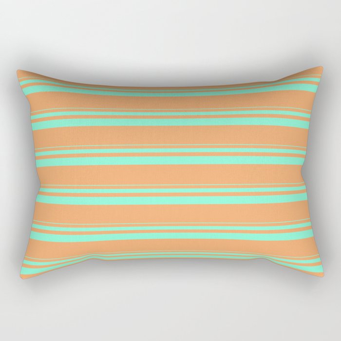 Aquamarine and Brown Colored Lined Pattern Rectangular Pillow