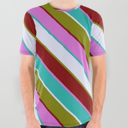 [ Thumbnail: Eyecatching Lavender, Green, Maroon, Orchid & Light Sea Green Colored Pattern of Stripes All Over Graphic Tee ]