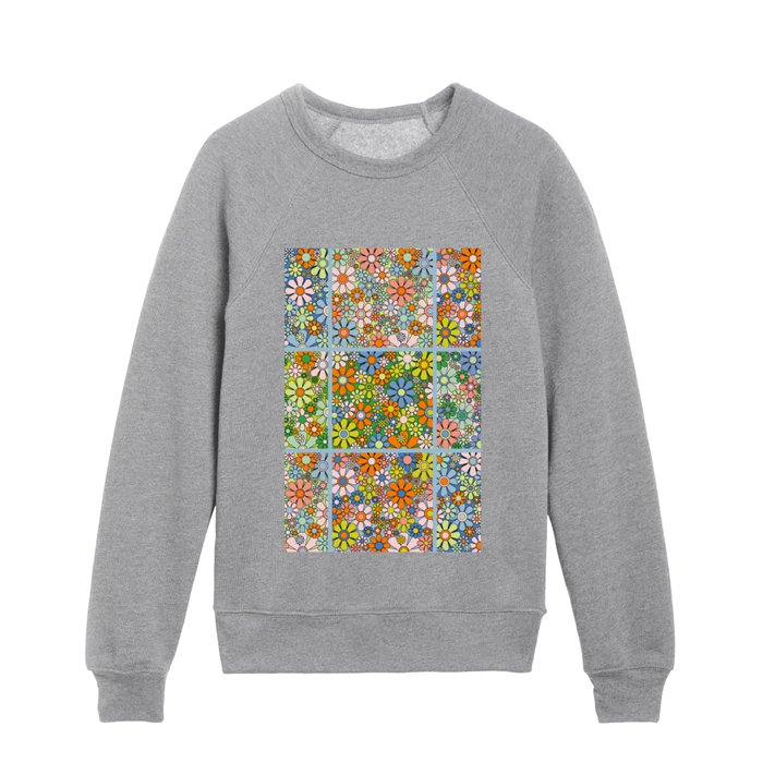 Windowpane Flowers Retro 60s 70s Pastel Spring Floral Pattern with Light Blue Kids Crewneck