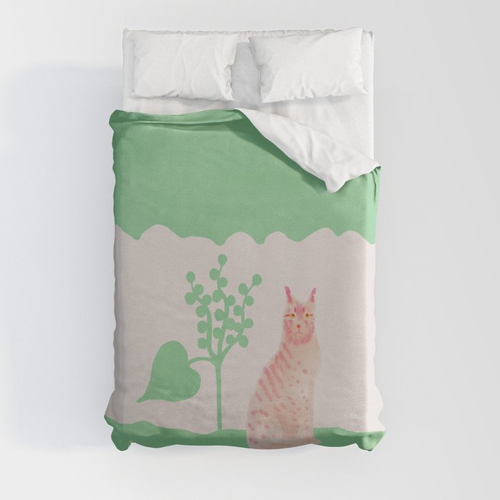 Lynx under a Tree - Pink and Emerald and White Duvet Cover