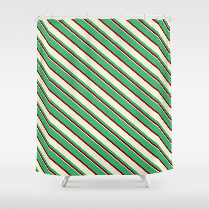 Sea Green, Dark Red, and Beige Colored Lined Pattern Shower Curtain