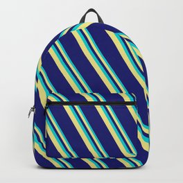 [ Thumbnail: Dark Turquoise, Tan, and Midnight Blue Colored Lines/Stripes Pattern Backpack ]