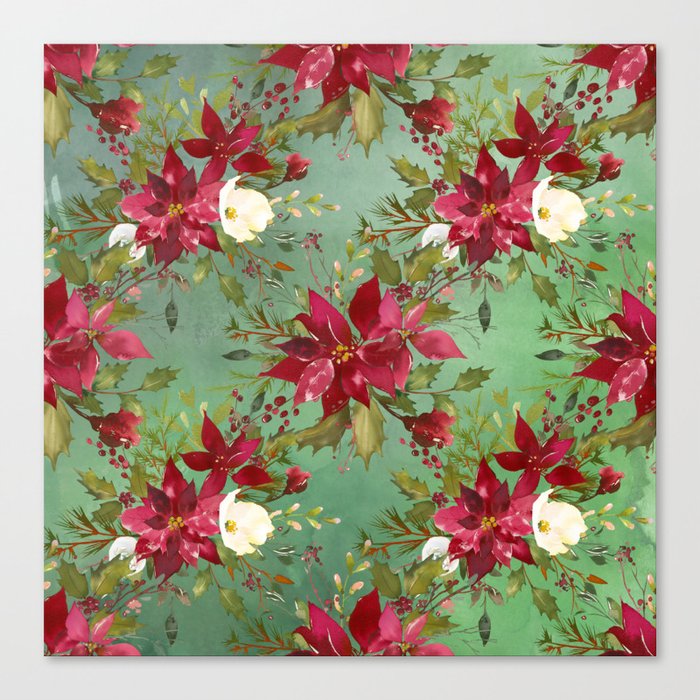Burgundy red forest green white watercolor Christmas flowers Canvas Print