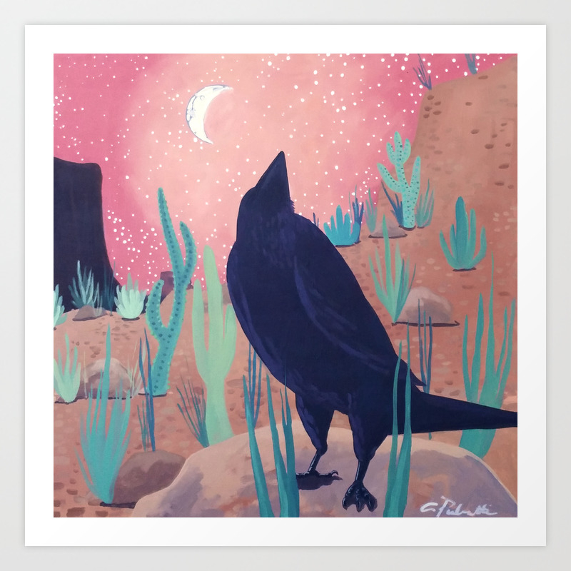 Crow And Cacti On A Warm Desert Night Art Print By Charchardesigns