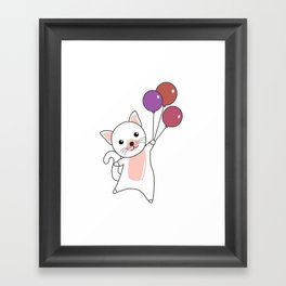 Cat Flies Up With Colorful Balloons Framed Art Print