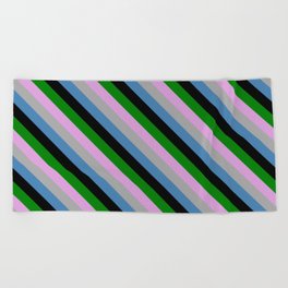 [ Thumbnail: Vibrant Plum, Dark Grey, Blue, Black & Green Colored Stripes Pattern Beach Towel ]