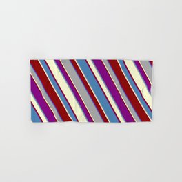 [ Thumbnail: Colorful Purple, Blue, Dark Grey, Light Yellow, and Dark Red Colored Striped/Lined Pattern Hand & Bath Towel ]