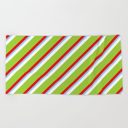[ Thumbnail: Colorful Red, Light Sky Blue, White, Green, and Dark Green Colored Stripes Pattern Beach Towel ]
