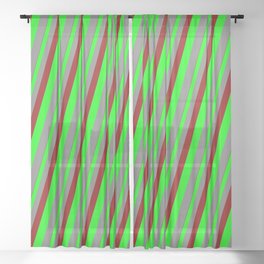 [ Thumbnail: Dark Red, Lime, and Gray Colored Stripes Pattern Sheer Curtain ]