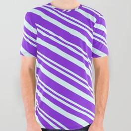 [ Thumbnail: Light Cyan & Purple Colored Stripes Pattern All Over Graphic Tee ]