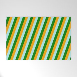 [ Thumbnail: Orange, Turquoise, and Green Colored Lined Pattern Welcome Mat ]