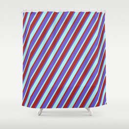 [ Thumbnail: Slate Blue, Turquoise, and Brown Colored Lines Pattern Shower Curtain ]