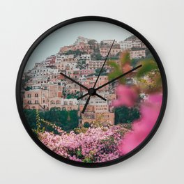 Positano, Italy Travel Photography with Pink Flowers Wall Clock | Positano, Holiday, Sea, Pink, Gift, Travel, Beach, Pastel, Peach, Amalfi 