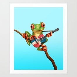 Tree Frog Playing Acoustic Guitar with Flag of Dominican Republic Art Print | Graphicdesign, Treefrogplayingguitar, Dominicanmusic, Dominican, Funny, Flagofdominicanrepublic, Dominicanflagguitar, Political, Dominicanrepublic, Cutetreefrog 