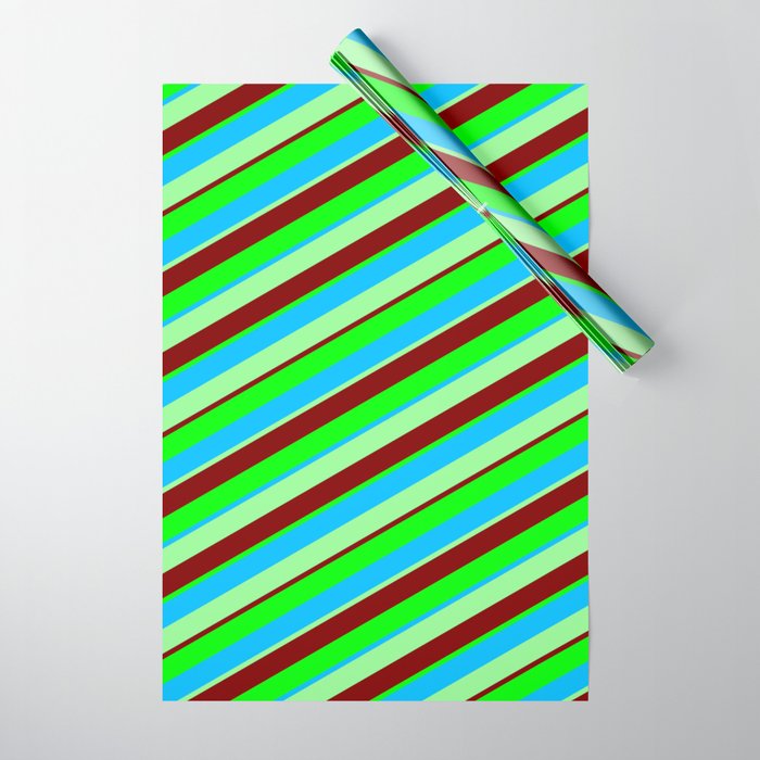 Maroon, Lime, Deep Sky Blue, and Green Colored Stripes Pattern Wrapping Paper