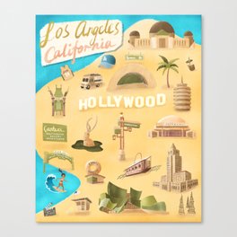 Illustrated city landmarks of Los Angeles, California Canvas Print